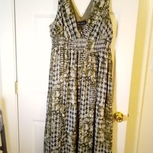 Mlle Gabrielle Maxi Dress size 3x in cream, green plaid pattern on sheer fabric.